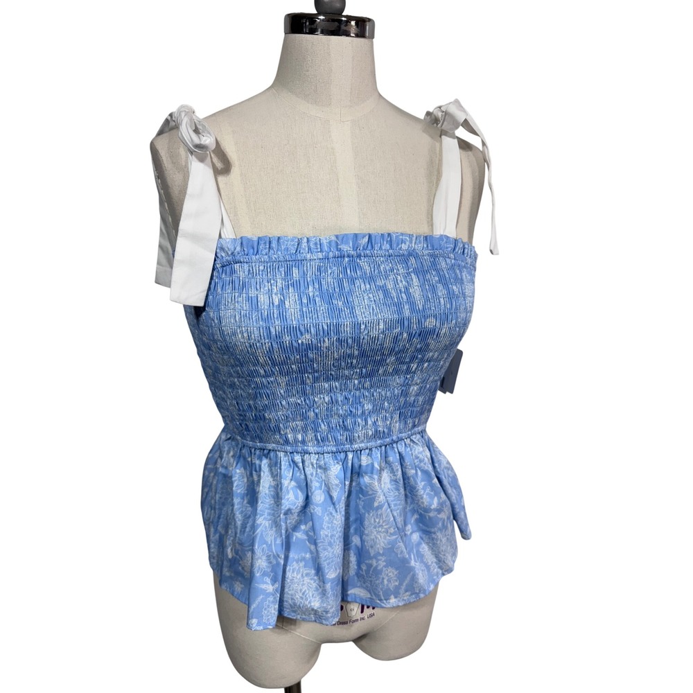 Camarosa Peplum Smocked Floral Tie Shoulder Top Women's M Blue Boho Dry Goods
